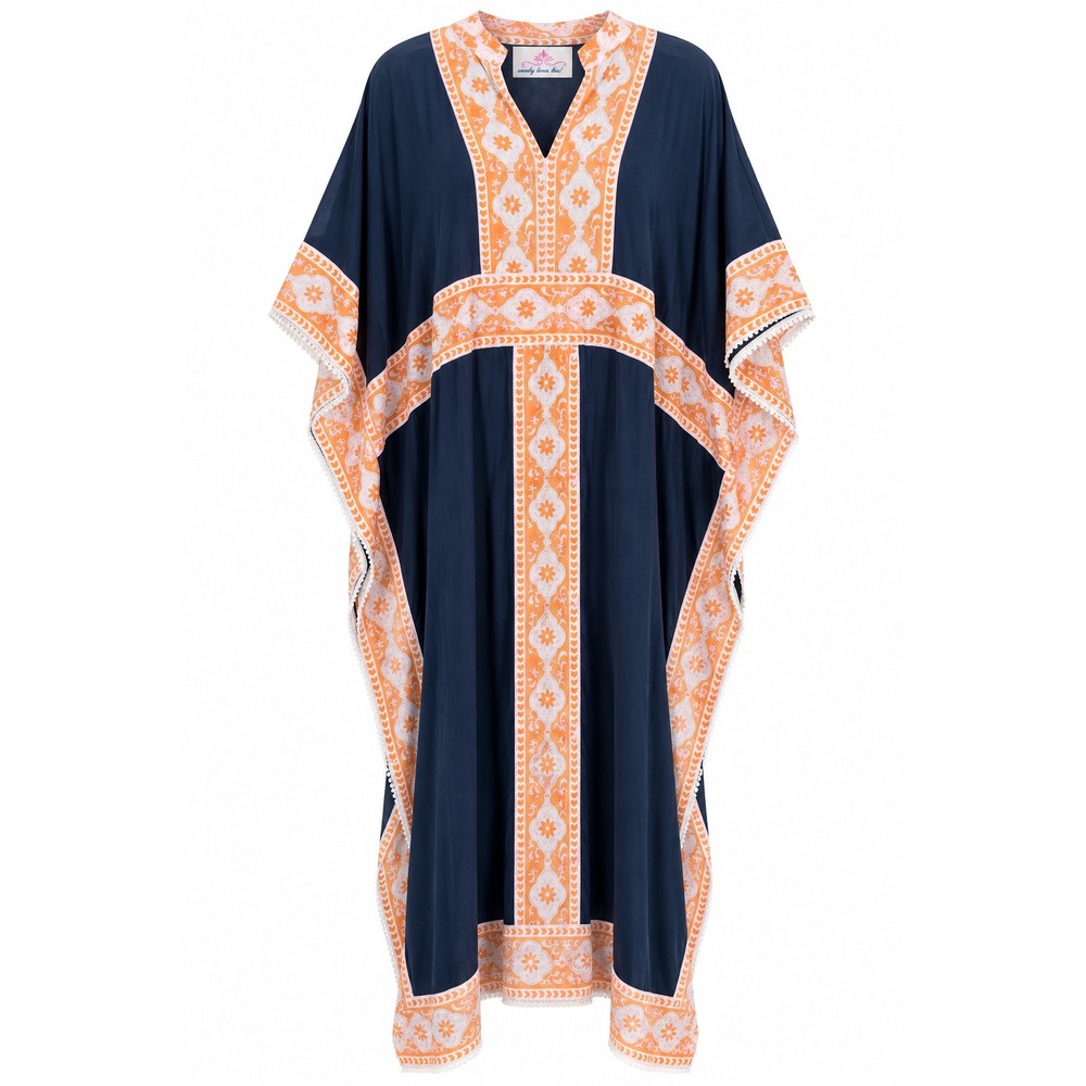 Wendy Loves This Kaftan Dress Navy Orange Block Print Cotton Pom Pom Fringe OS